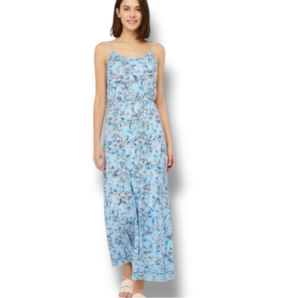 Pink Rose Blue Floral Halter Cut Out Back Spaghetti Strap Midi Dress Size Small